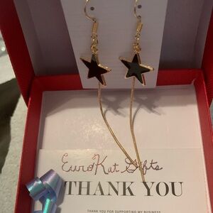 Gold Star Black Enamel Dangle Earrings NEW on stainless steel Earwires NEW